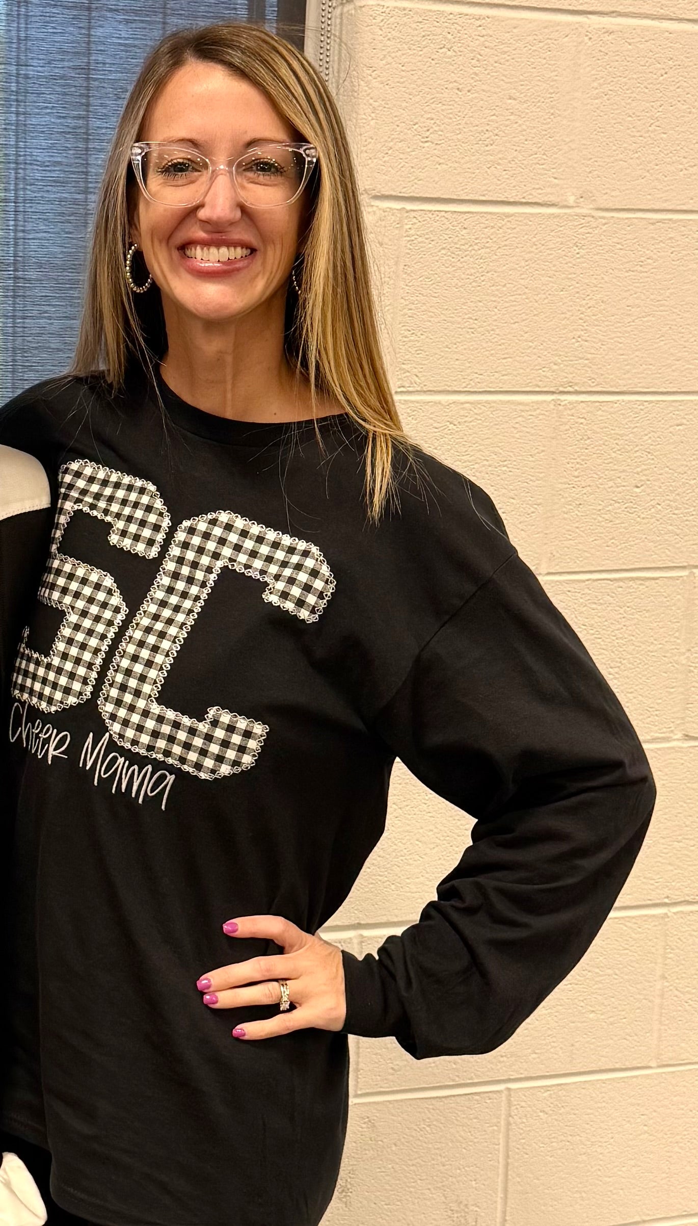 Custom Embroidered SC Cheer Mama Tee or Sweatshirt with Checkered Fabric (Can put any letters/words underneath)