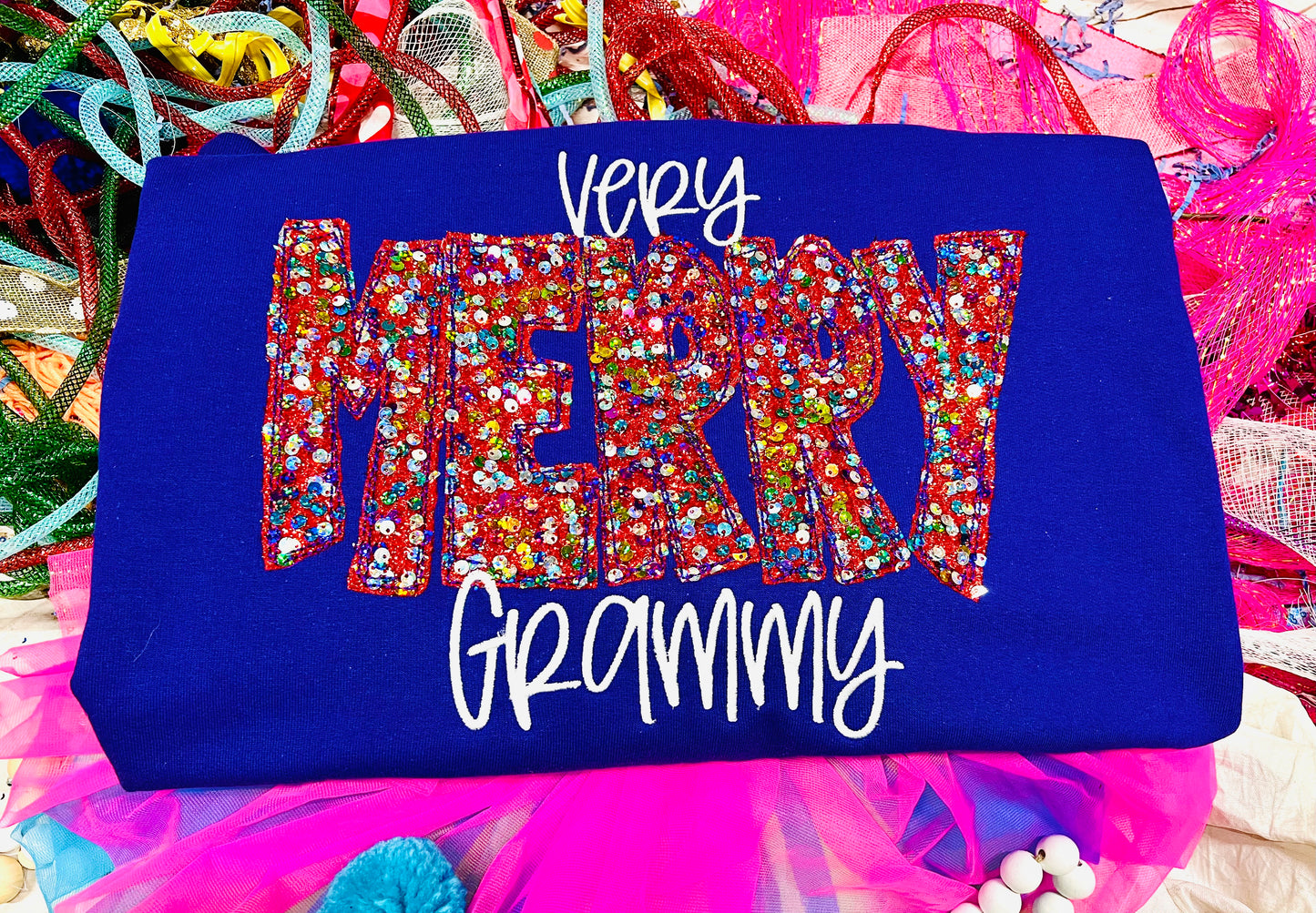 CUSTOM Very Merry Embroidered Top with Sequin Fabric!