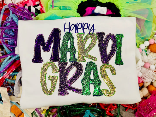 Embroidered Happy Mardi Gras Tee or Sweatshirt