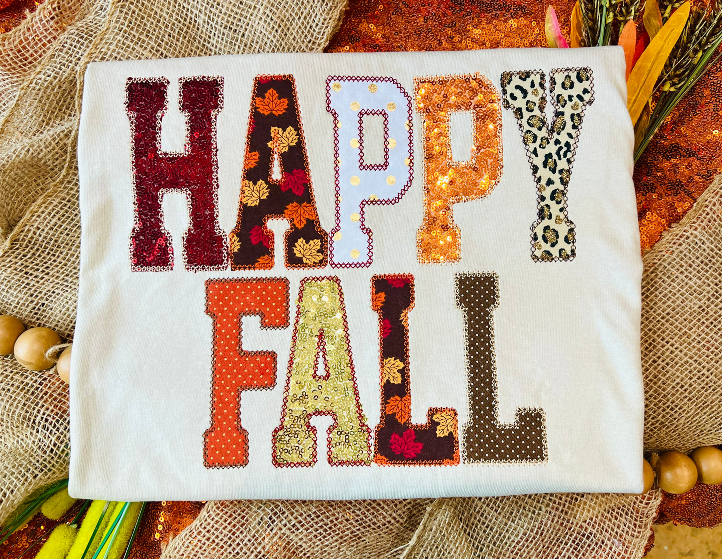 Embroidered Happy Fall Tee/Sweatshirt with real Sequins!