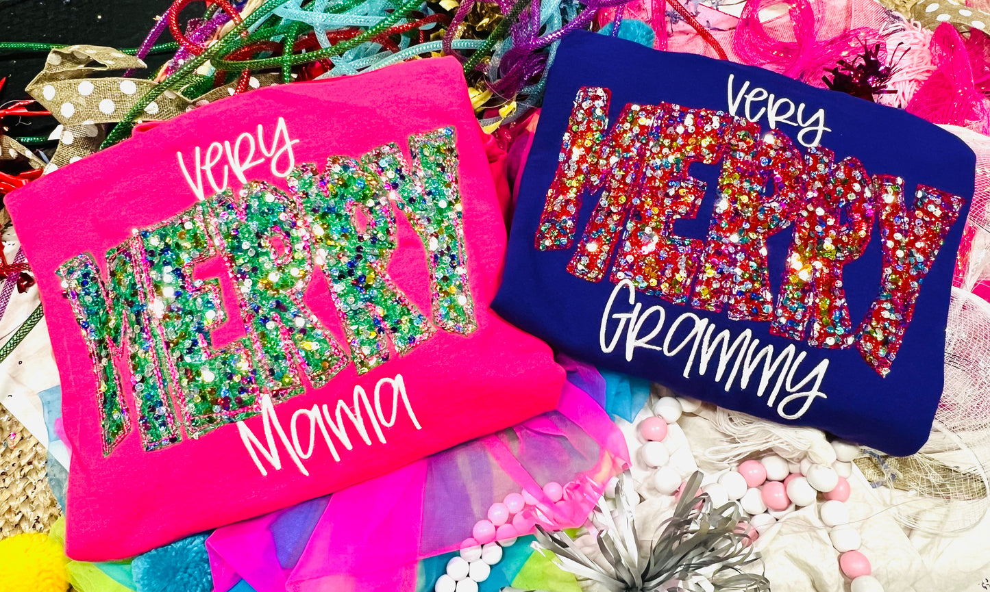 CUSTOM Very Merry Embroidered Top with Sequin Fabric!