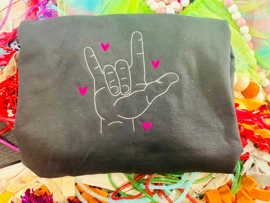 Custom Black Embroidered I Love You Sign Language Tee or Sweatshirt, Valentine’s Day shirt