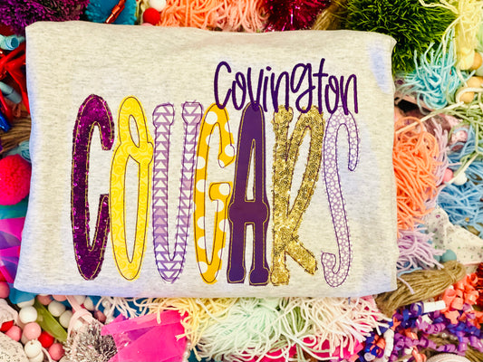 Embroidered Team Covington Cougars Tee or Sweatshirt