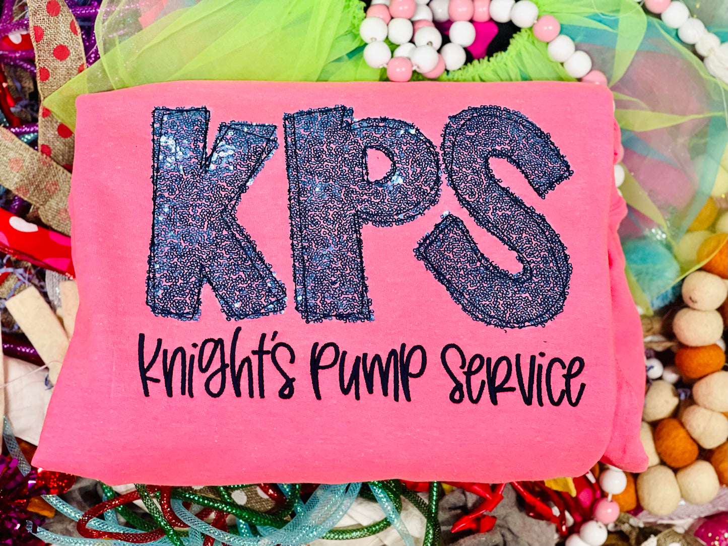 CUSTOM Embroidered Business Name Tee or Sweatshirt with Ice Blue Sequin Fabrics