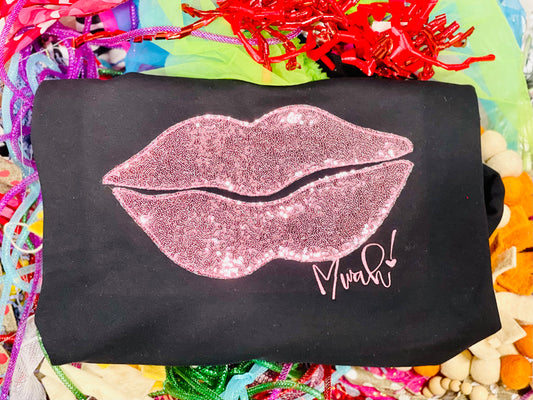 CUSTOM Embroidered with Bean Stitching Valentine Lip Tee/Sweatshirt-Black