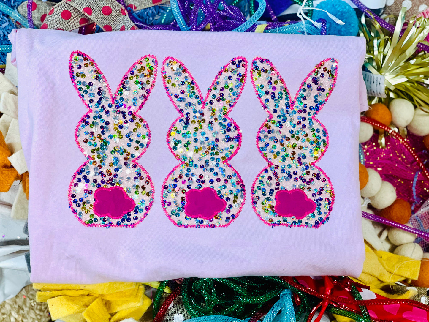 Custom Embroidered Bunny Tee or Sweatshirt with multi sequin fabrics, Spring Shirt, Easter
