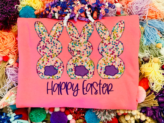 Custom Embroidered Bunny Tee or Sweatshirt with multi sequin fabrics & Happy Easter Embroidered underneath, Spring Shirt, Easter