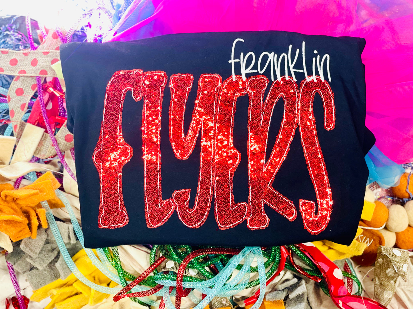 CUSTOM Embroidered Flyers, Business Name Tee or Sweatshirt with sequin Color Fabrics