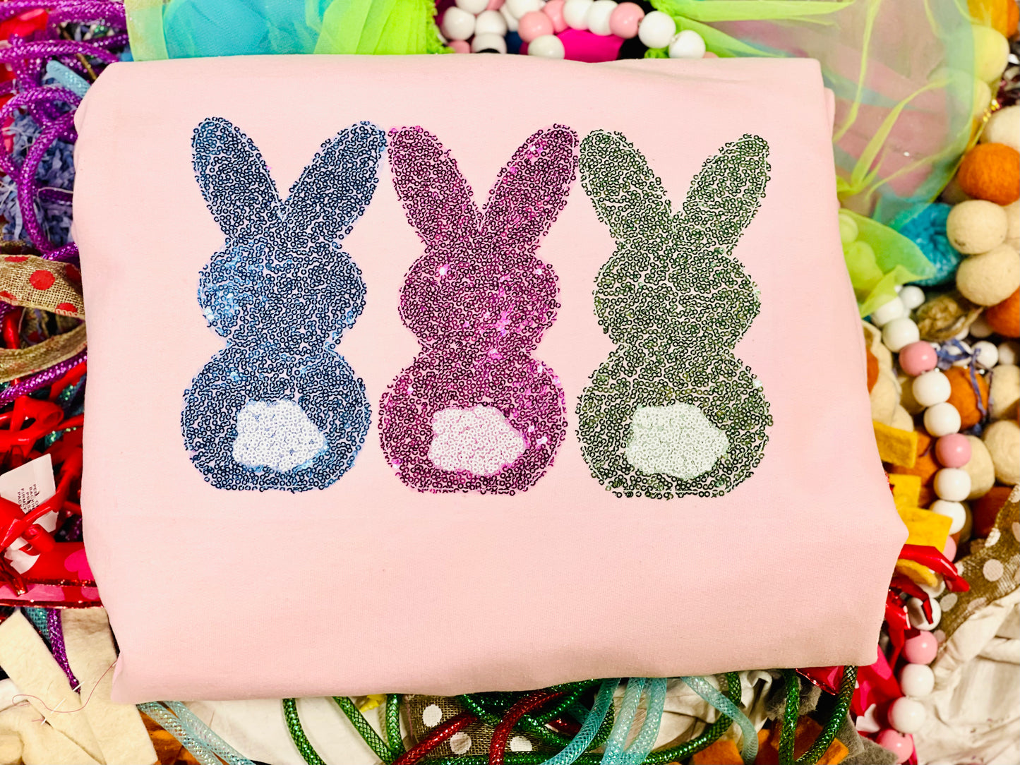 Custom Embroidered Bunny Tee or Sweatshirt with sequin fabrics, Spring Shirt, Easter