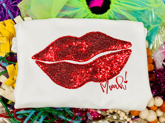 CUSTOM Embroidered with Bean Stitching Valentine Lip Tee/Sweatshirt