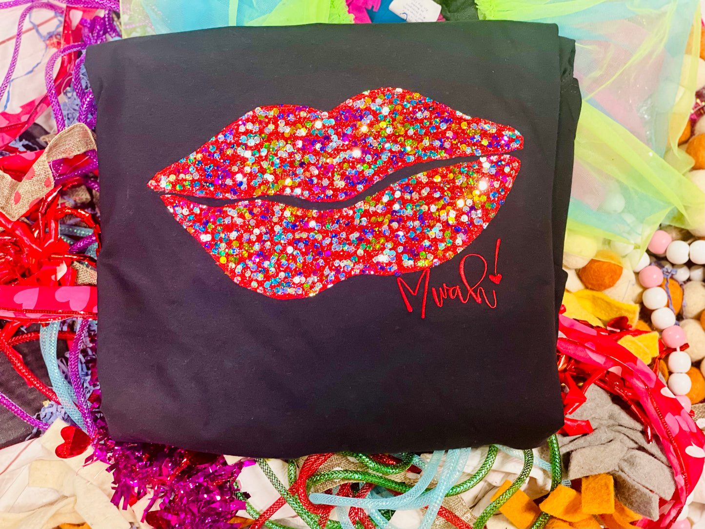 CUSTOM Embroidered with Bean Stitching Valentine Lip Tee/Sweatshirt-Multi Color Red