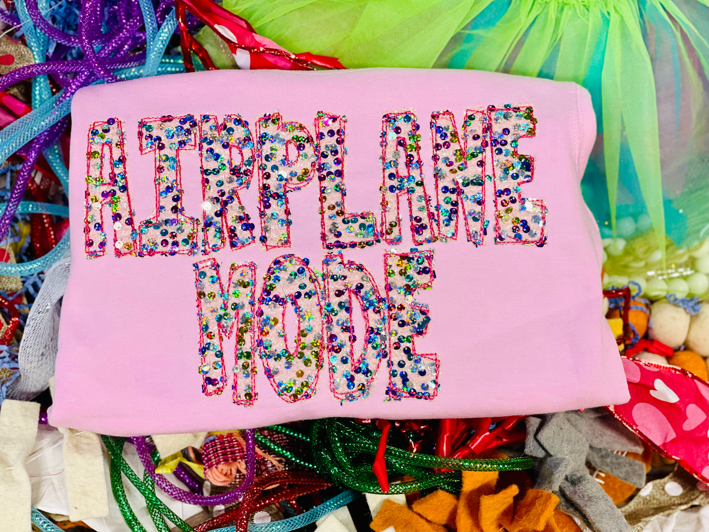 Embroidered Airplane Mode Tee with Colorful Sequin Fabric - Can put ANY Saying!