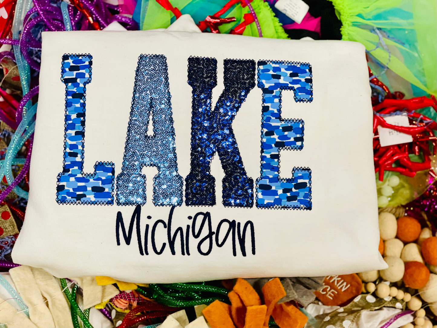 CUSTOM Embroidered with Diamond Stitching LAKE Michigan Tee/Sweatshirt