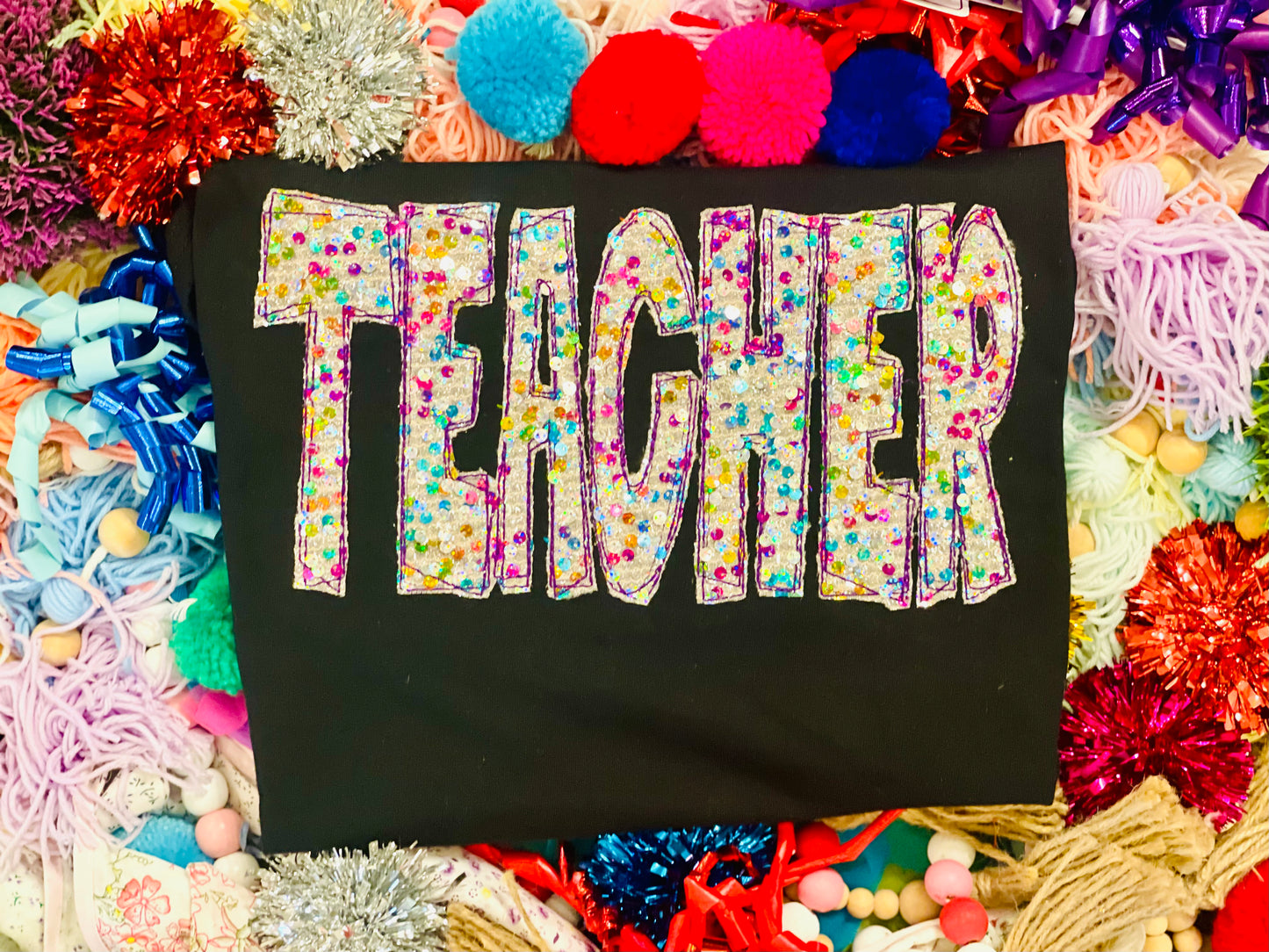 Embroidered Teacher Colorful Sequin Fabric Purple outline
