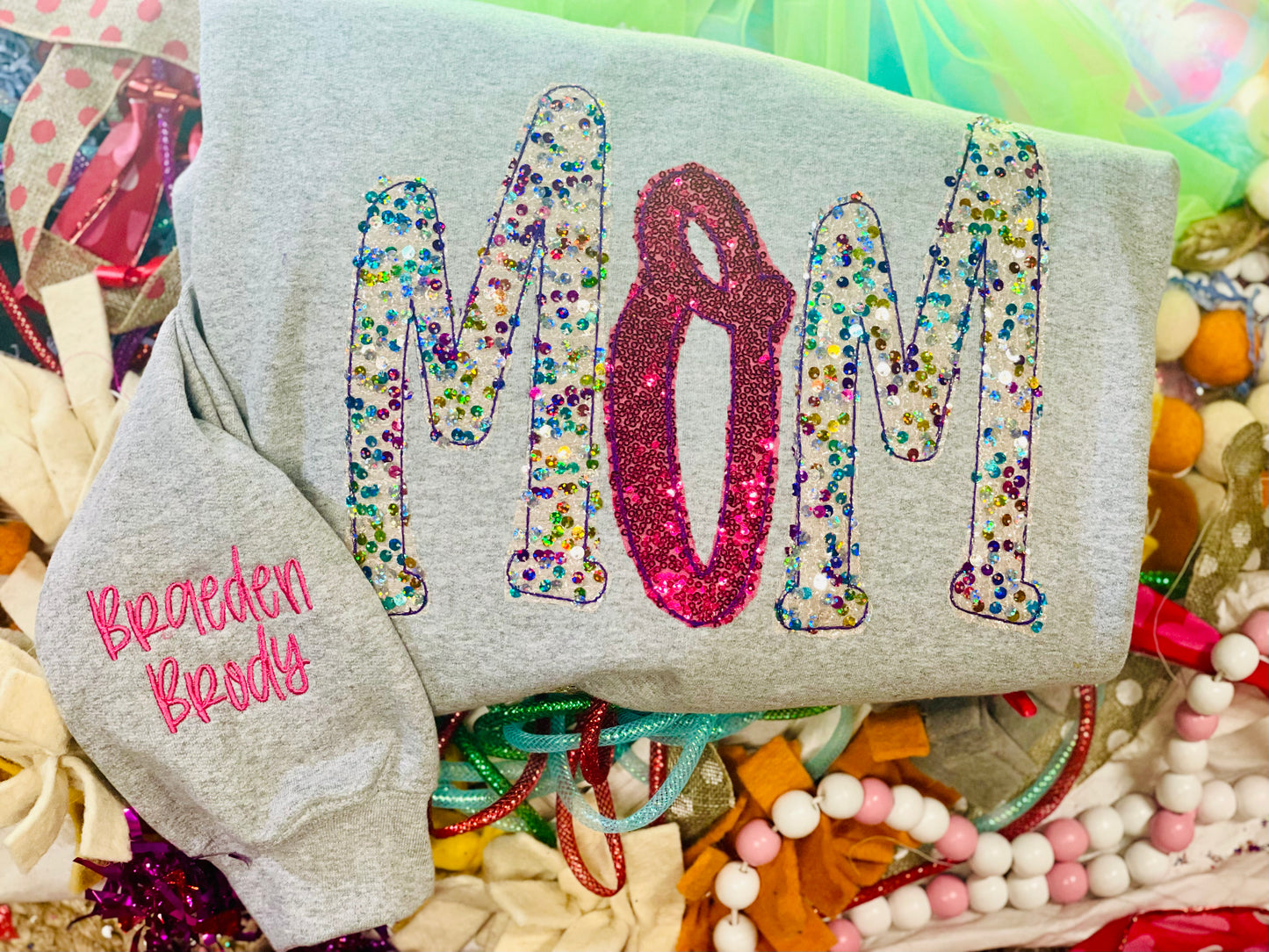 CUSTOM Embroidered MOM or any name tee!! Add name to sleeve