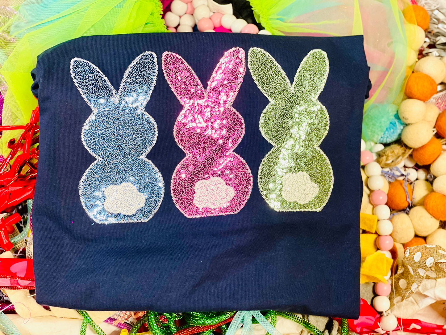 Custom Embroidered Bunny Tee or Sweatshirt with sequin fabrics, Spring Shirt, Easter