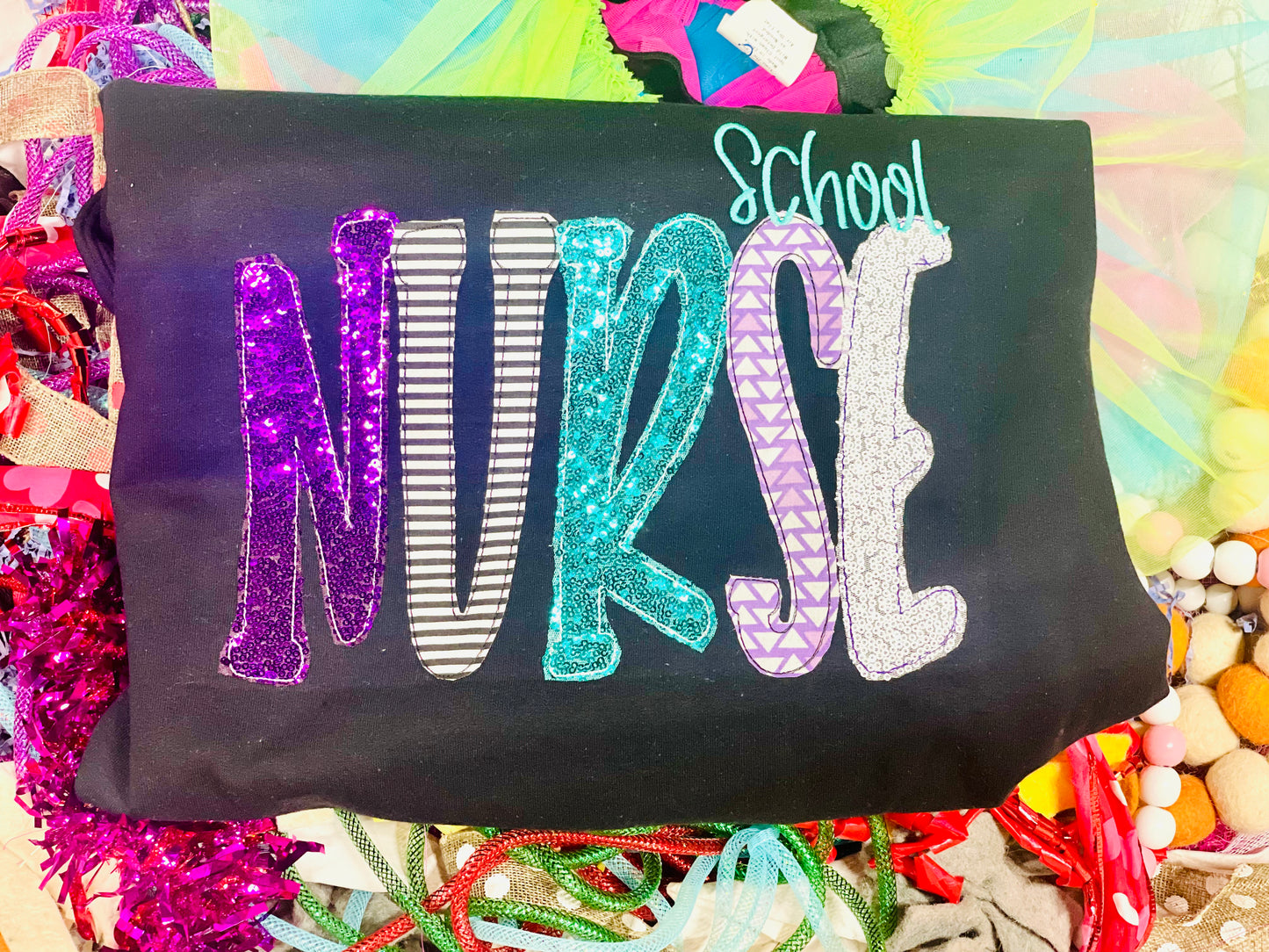 Embroidered Nurse, school Nurse , Medical Office Tee/Sweatshirt with Sequin Fabric!