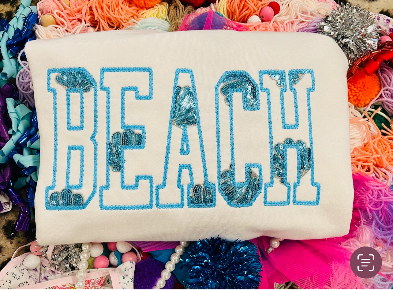 Custom Embroidered BEACH Sequin Tee or Sweatshirt