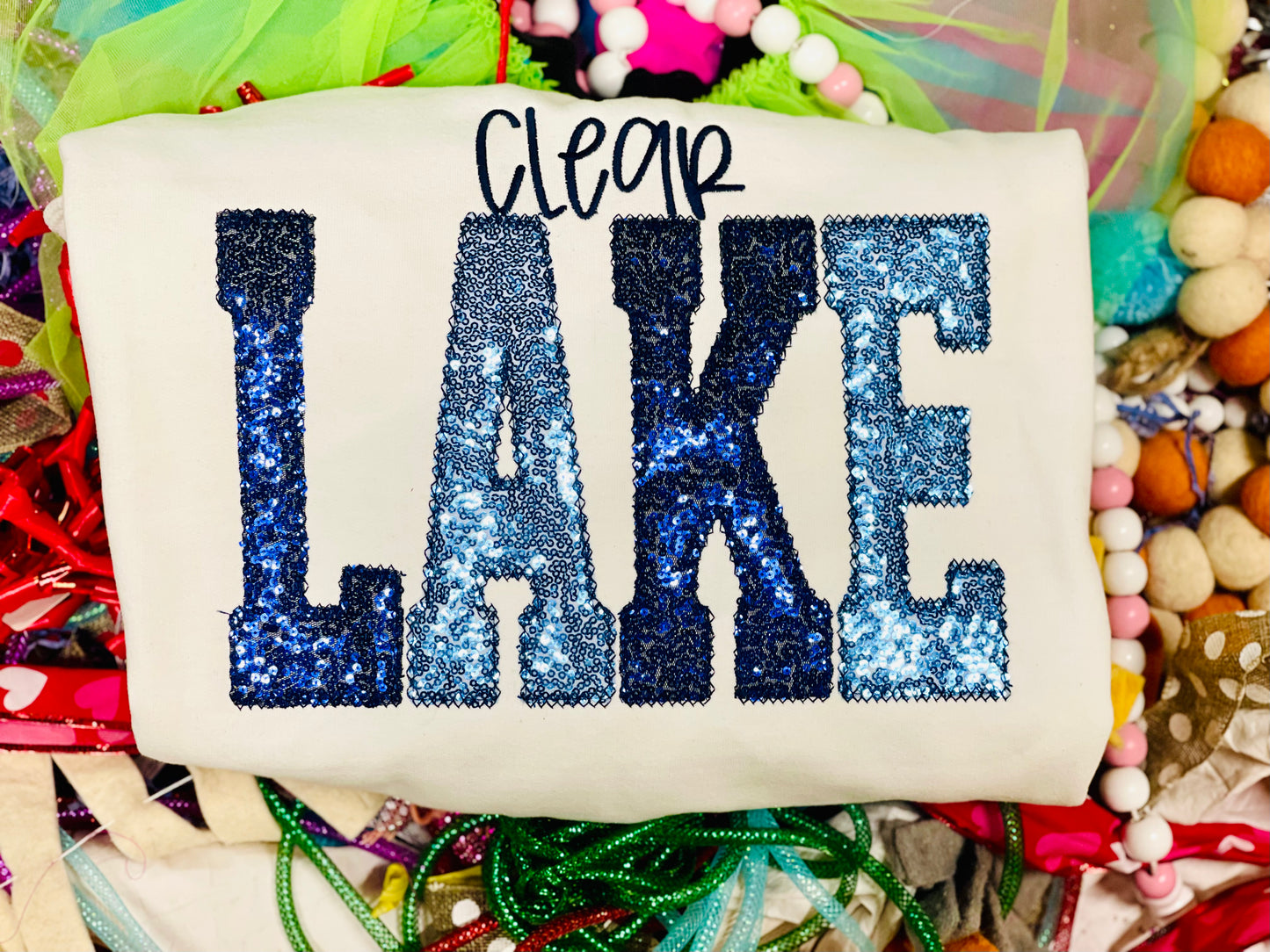 CUSTOM Embroidered with Diamond Stitching Clear LAKE Tee/Sweatshirt