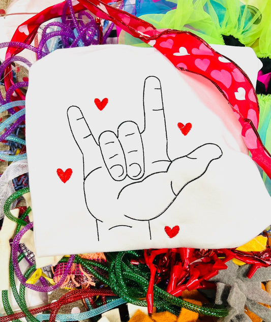 Custom Embroidered I Love You Sign Language Tee or Sweatshirt, Valentine’s Day shirt