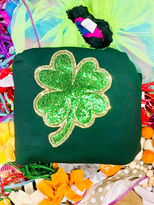 Embroidered Sequin Clover Tee or Sweatshirt wit Green/Gold Sequin Fabric, St. Patrick’s Day