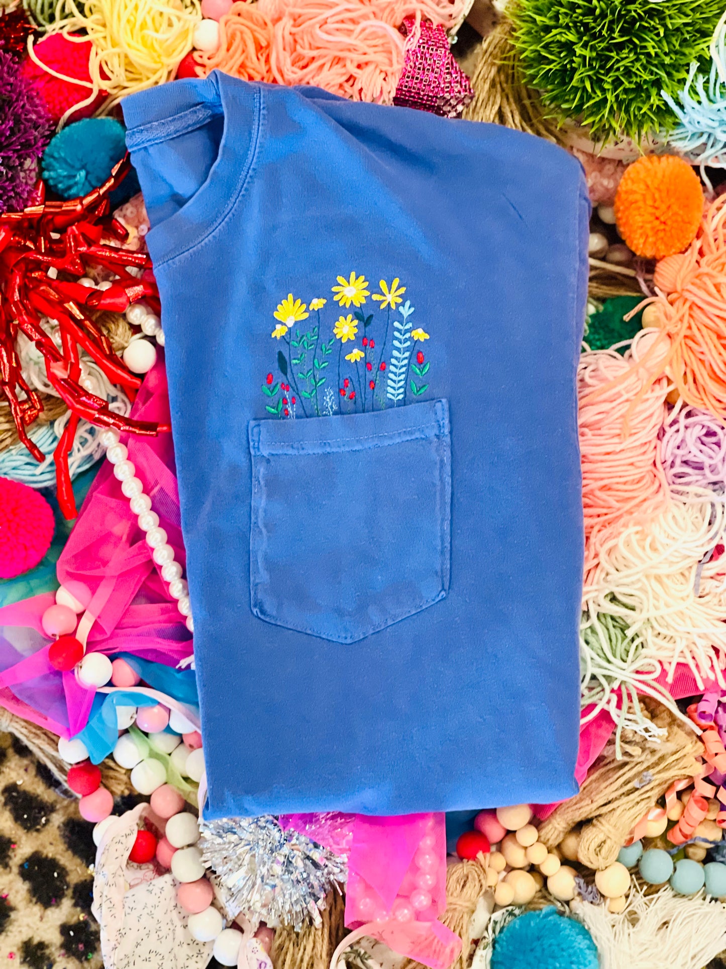 Custom Embroidered Wildflower Pocket Tees