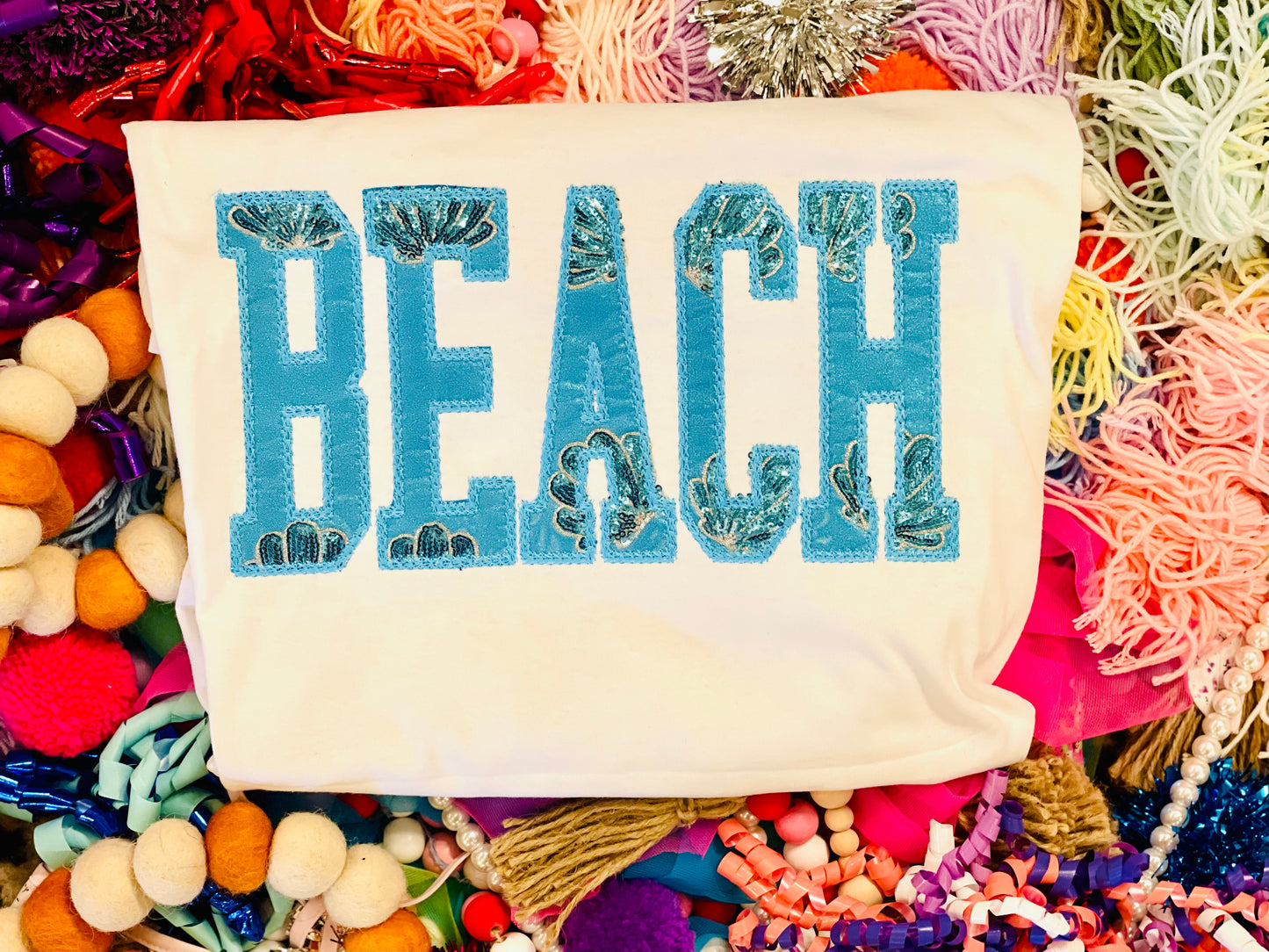 Custom Embroidered BEACH Sequin Tee or Sweatshirt