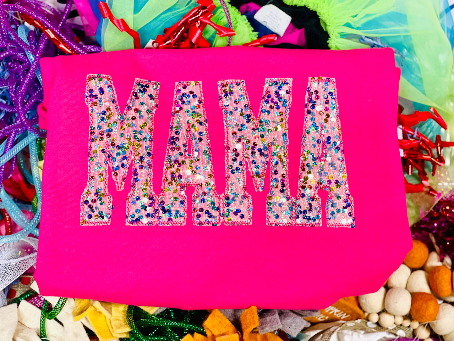 Embroidered MAMA Tee with Colorful Sequin Fabric - Can put ANY Mascot or Name!