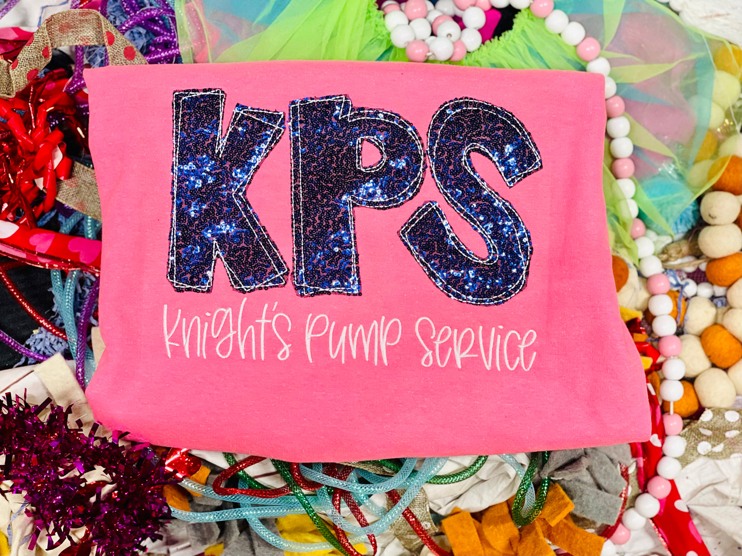 CUSTOM Embroidered Business Name Tee or Sweatshirt with Navy Blue Sequin Fabrics