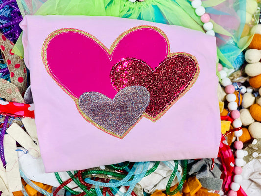 Custom multi Hearts Embroidered Tee or Sweatshirt with sequin fabrics!