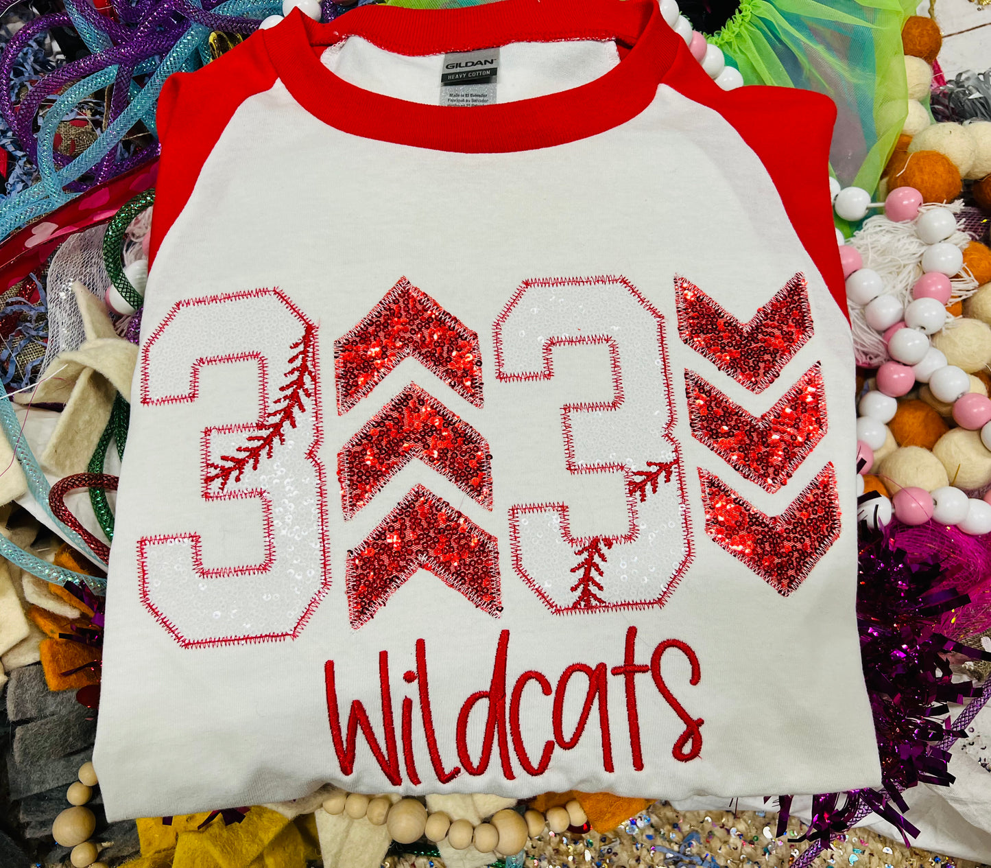 CUSTOM Embroidered Raglan 3 up, 3 down Baseball tee with sequins!