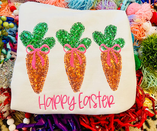 Embroidered Carrot Tee/Sweatshirt with Pink Bows and Happy Easter Beneath