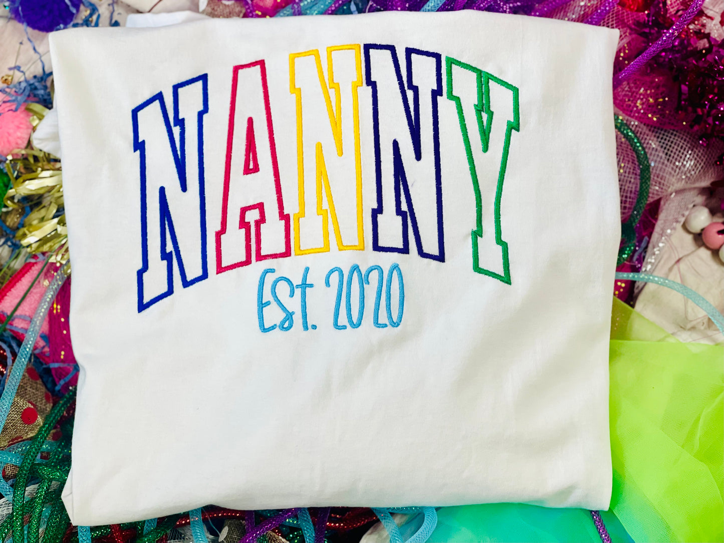 CUSTOM Arched Embroidered Varsity Letters Tee or Sweatshirt with Colorful Stitching