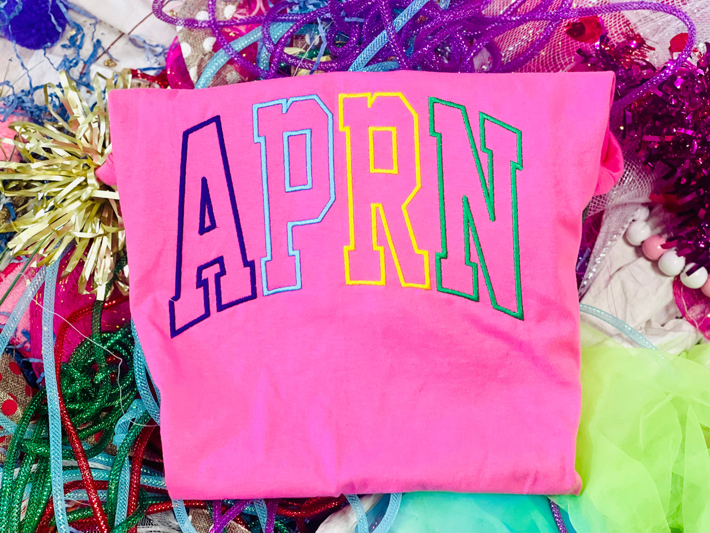 CUSTOM Arched Embroidered Varsity Letters Tee or Sweatshirt with Colorful Stitching