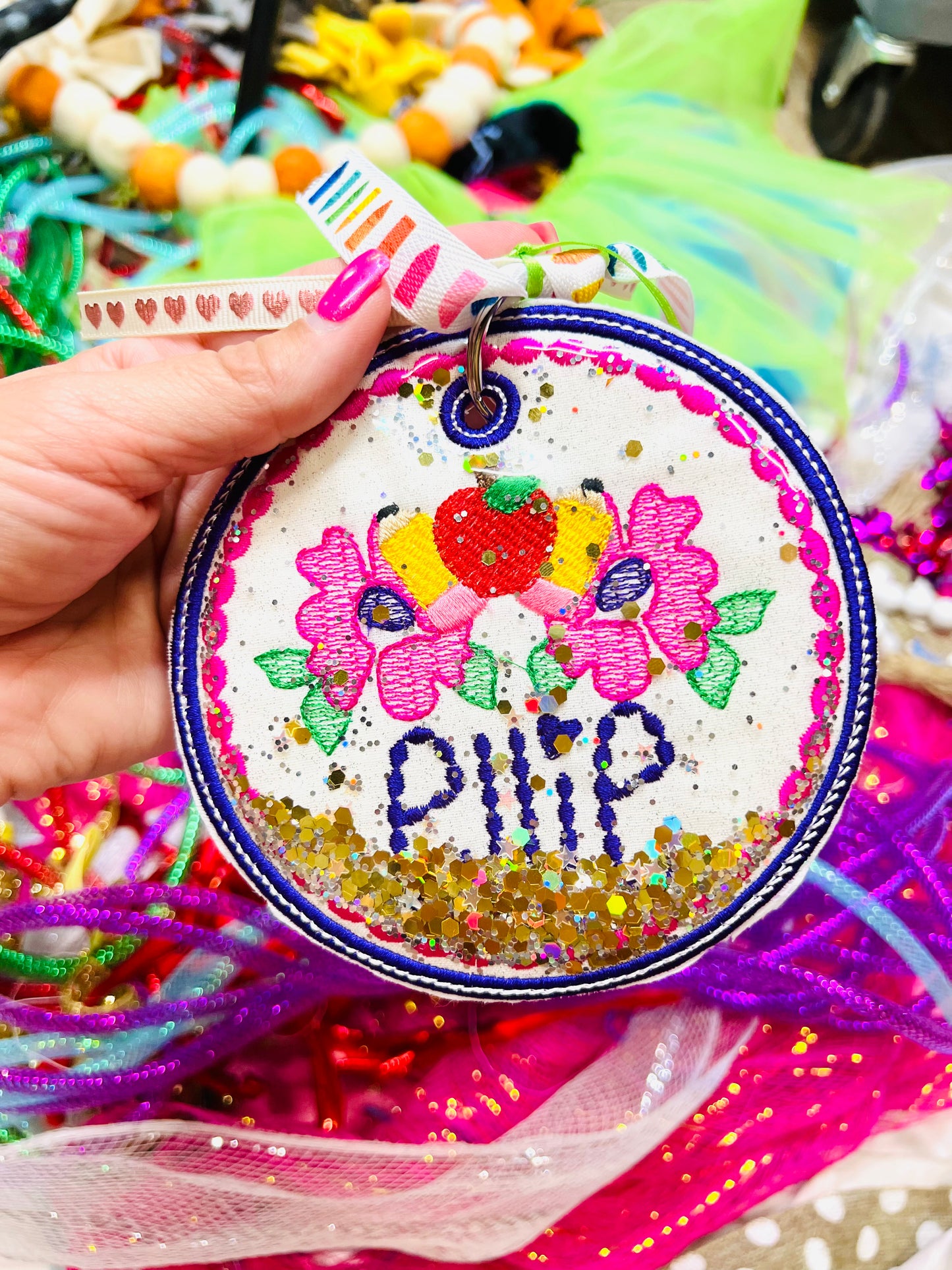 Flower Embroidered Keychain Tag