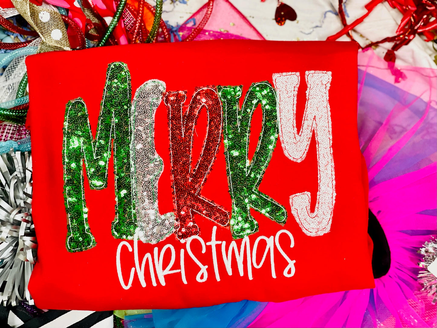 Embroidered Merry Christmas Tee/Sweatshirt with Sequin Fabric!