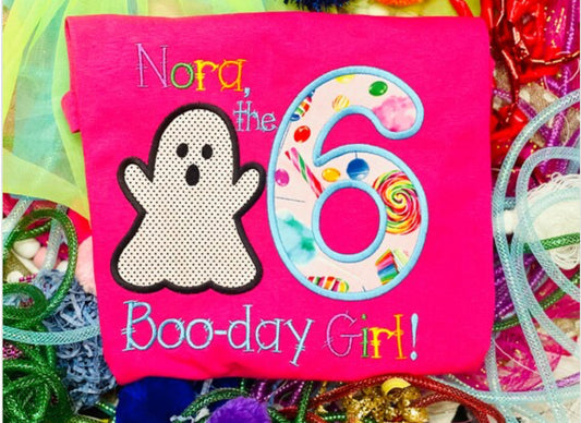 Embroidered Boo-Day Girl, Ghost, Candy Theme Birthday Shirt