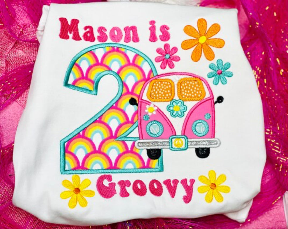 Embroidered Groovy Van, Flowers,  Theme Birthday Shirt