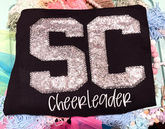 Custom Embroidered SC Cheerleader Tee or Sweatshirt with Sequin Fabric (Can put any letters/words underneath)