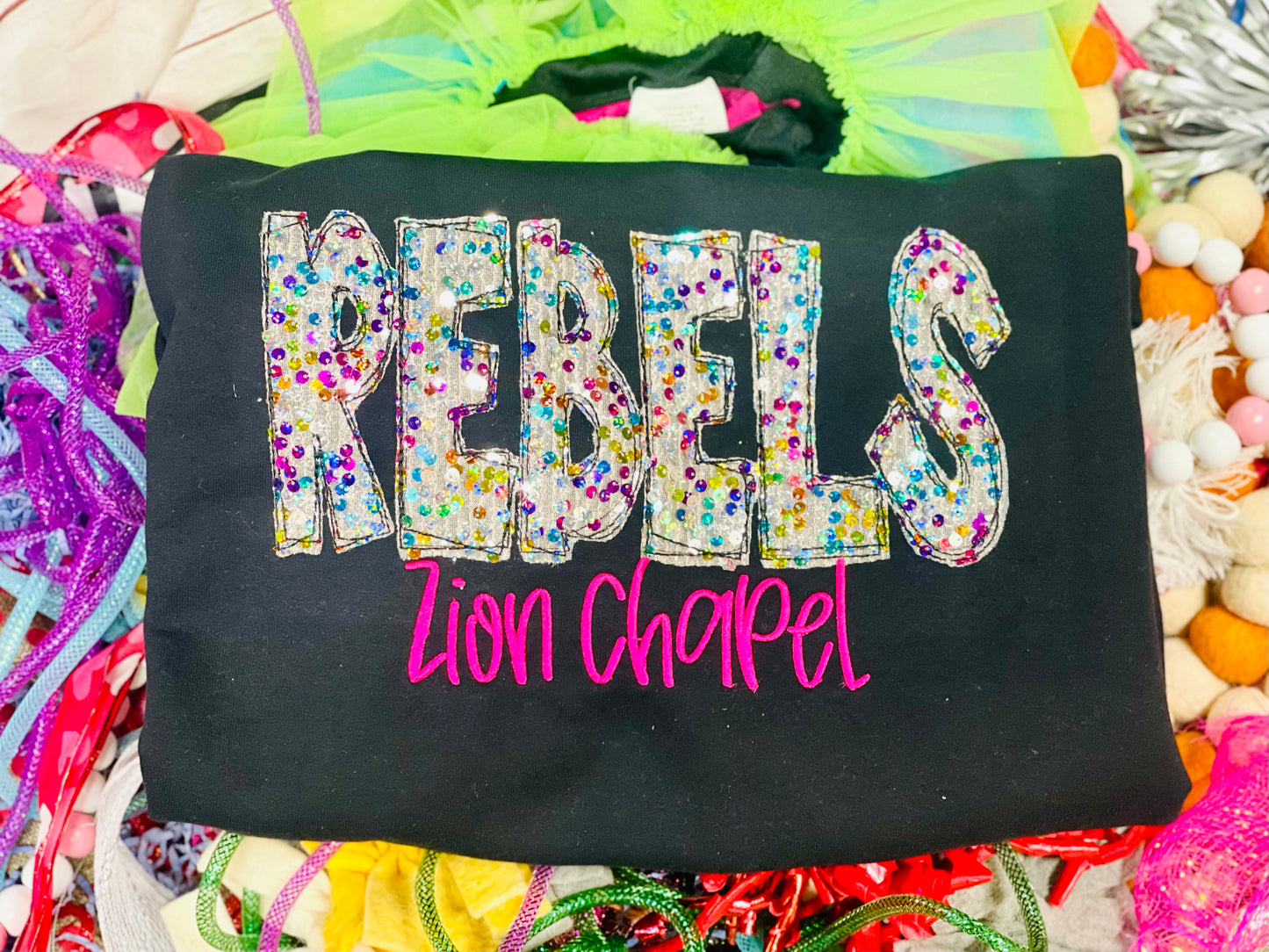 Embroidered Rebels Tee with Colorful Sequin Fabric - Can put ANY Mascot!