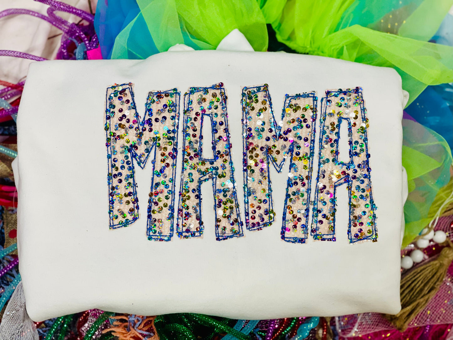 Embroidered MAMA Tee with Colorful Sequin Fabric - Can put ANY Mascot or Name!