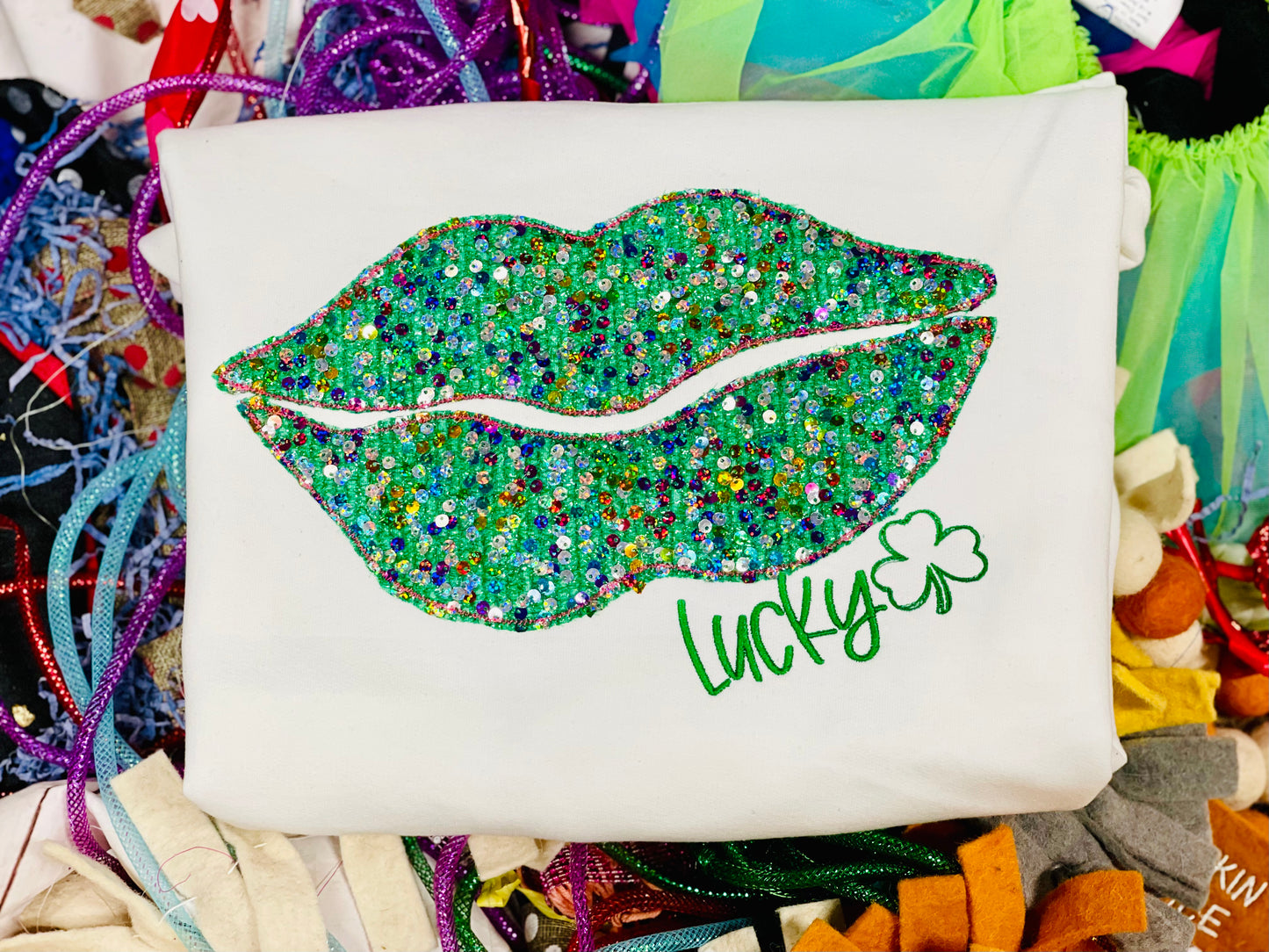 Embroidered Sequin Lips Tee or Sweatshirt wit Green Sequin Fabric, St. Patrick’s Day