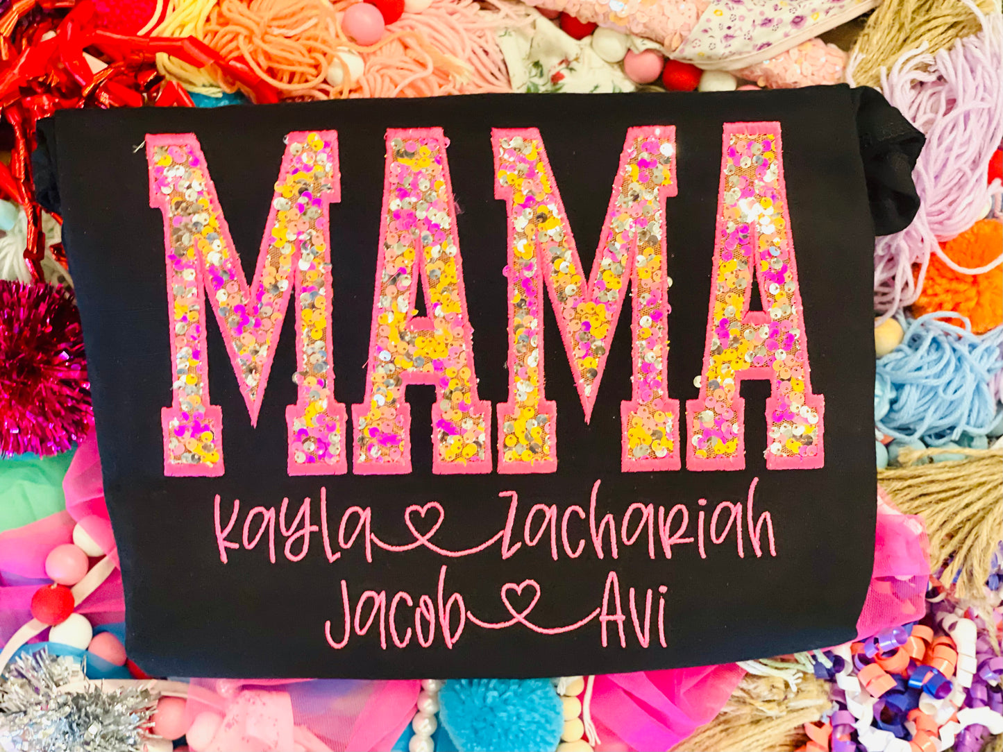 Custom Embroidered Pink and Orange Sequin MAMA Tee or Sweatshirt