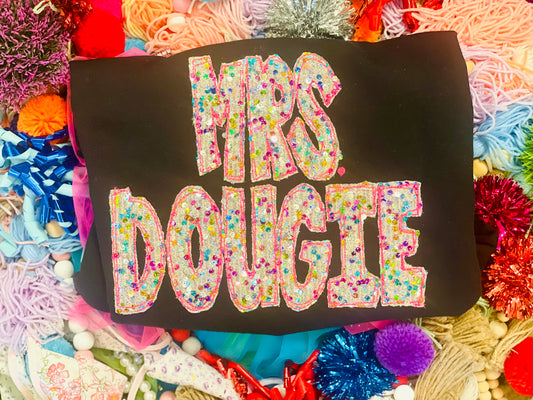 Embroidered Mrs. Dougie Colorful Sequin Fabric (any name)