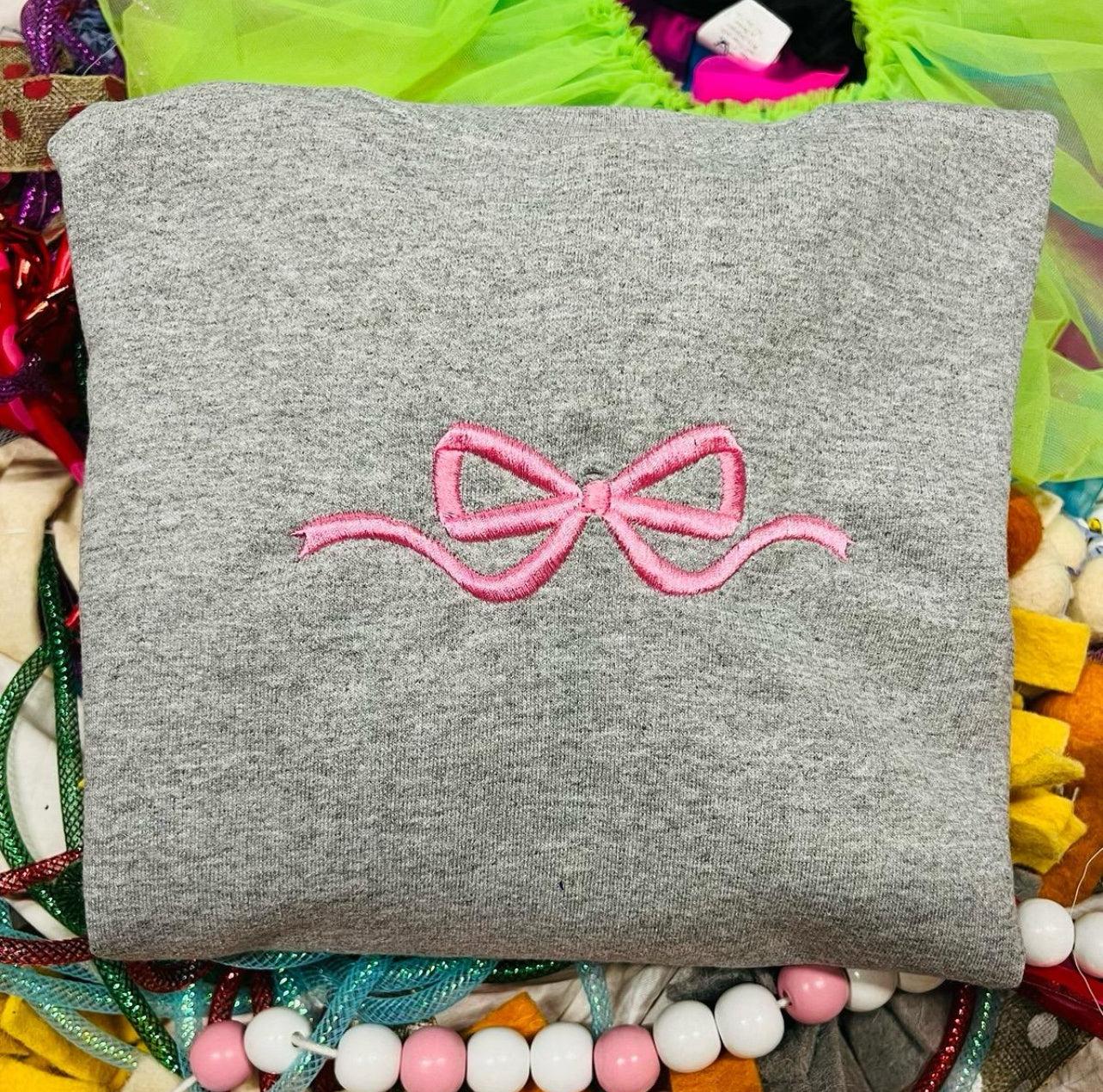 Embroidered Vintage Pink Bow Tee or Sweatshirt