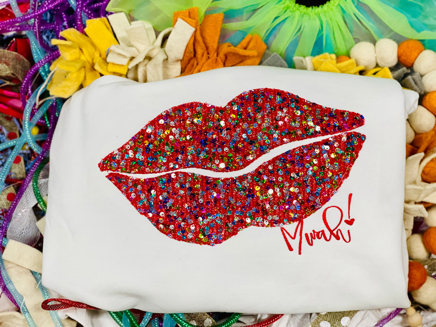 CUSTOM Embroidered with Bean Stitching Valentine Lip Tee/Sweatshirt-Multi Color Red