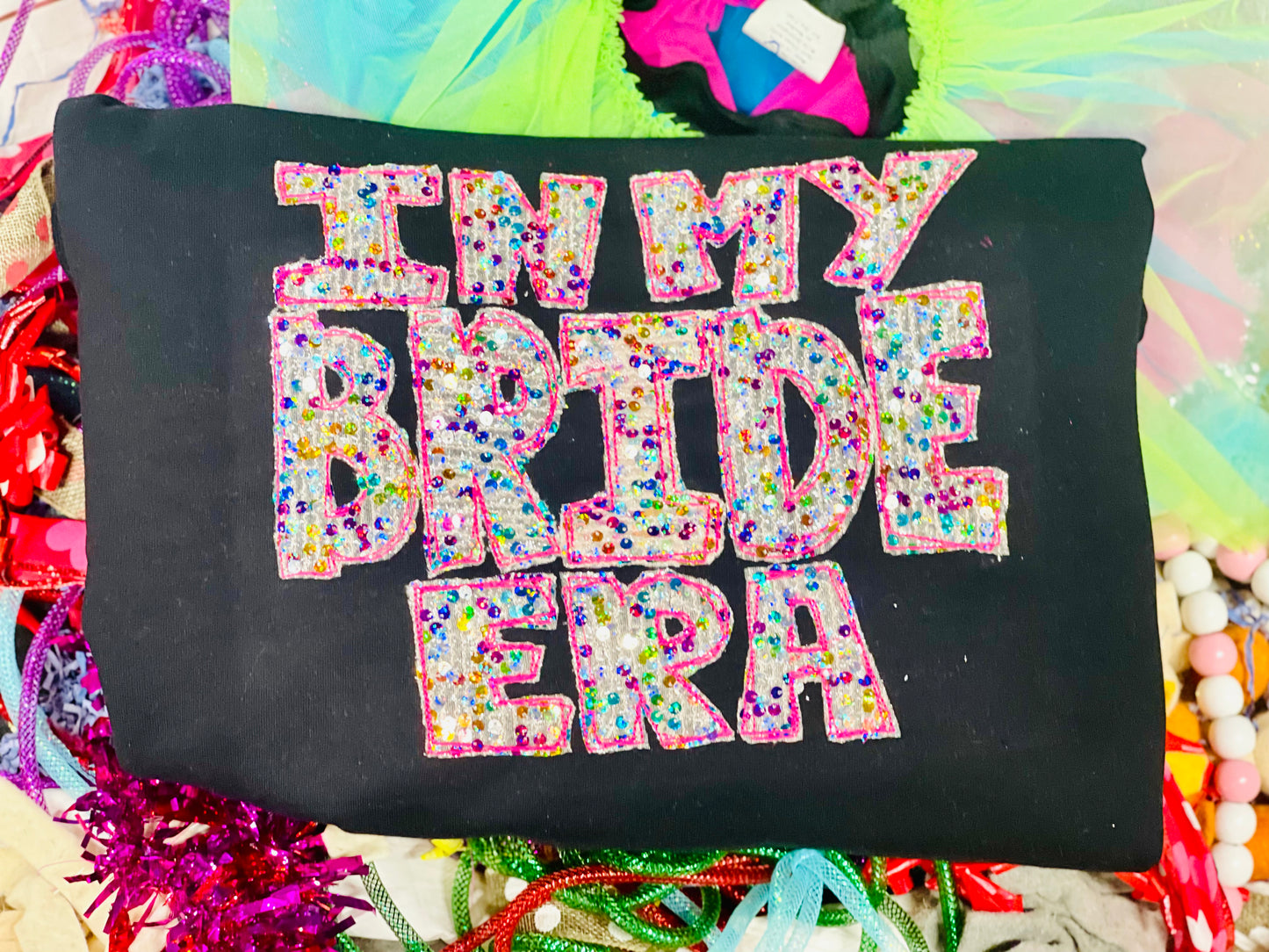 Embroidered In My Bride Era Tee with Colorful Sequin Fabric