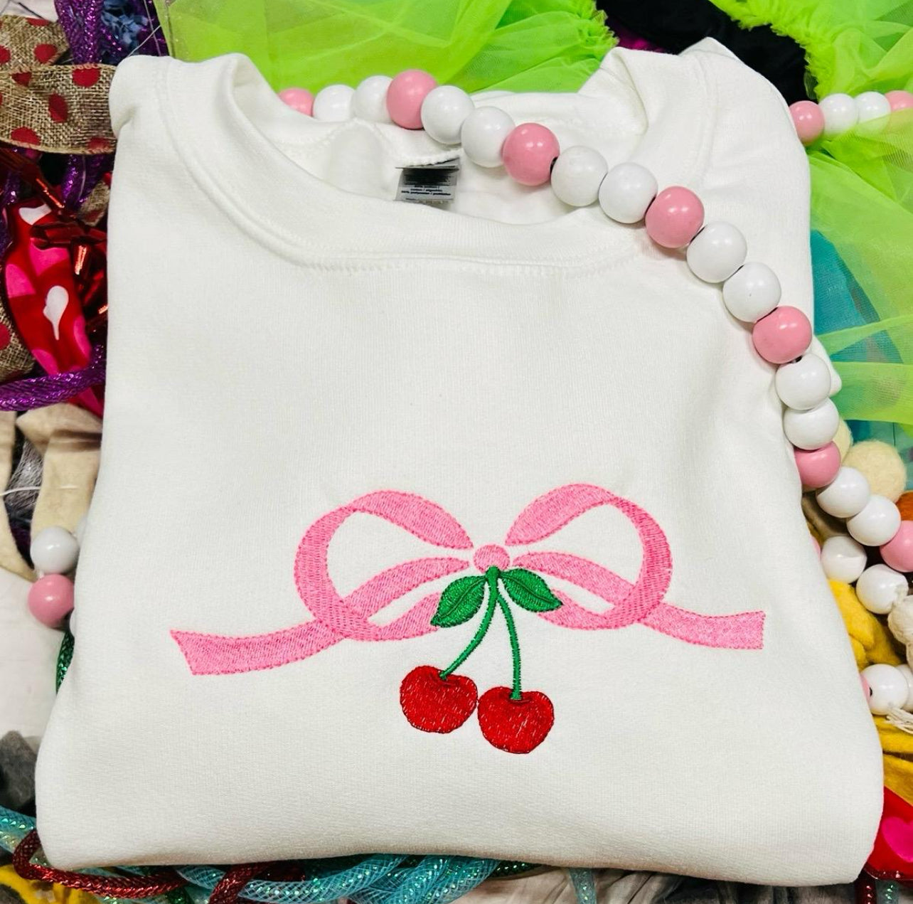 Embroidered Bow with Cherry Tee of Sweatshirt, Vintage Bow, Pink Bow, Cherry Shirt