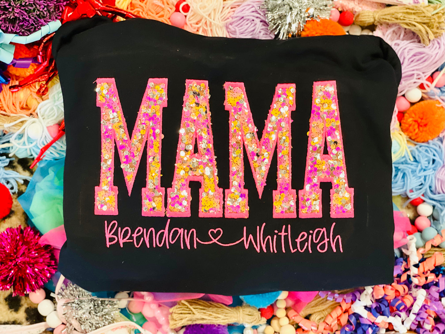 Custom Embroidered Pink and Orange Sequin MAMA Tee or Sweatshirt