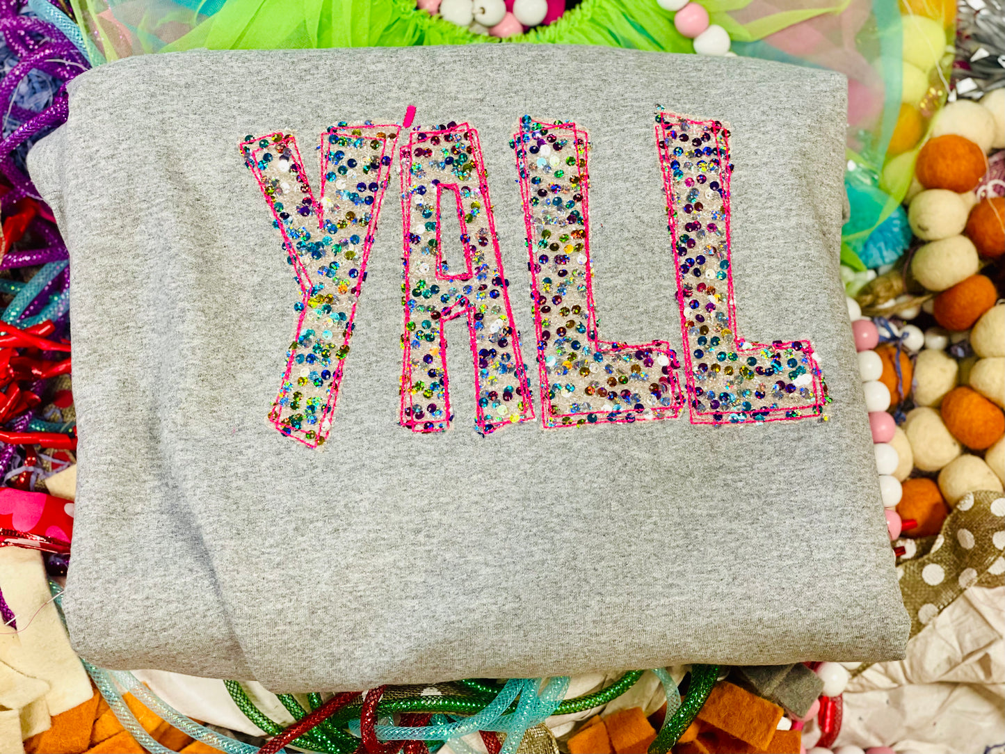 Embroidered Y'all with Colorful Sequin Fabric